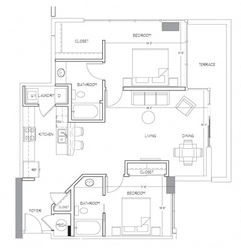 Floor plan for 2 beds, 2 baths, 1111 sqft